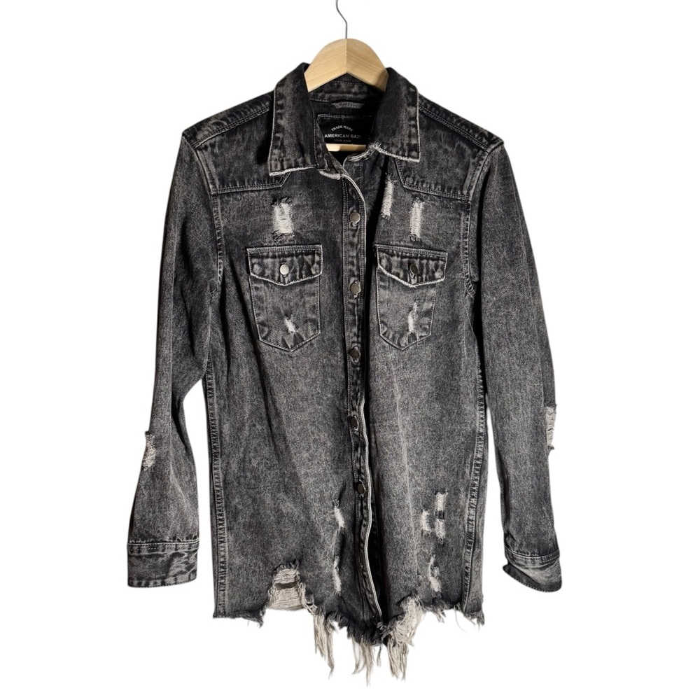 American Bazi Distressed Denim Jacket Oversized Black Jean Button Size Medium - Picture 2 of 6